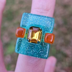Teal and Amber Glitter Y2K 90's Retro Chunky Statement Ring Size 7.5